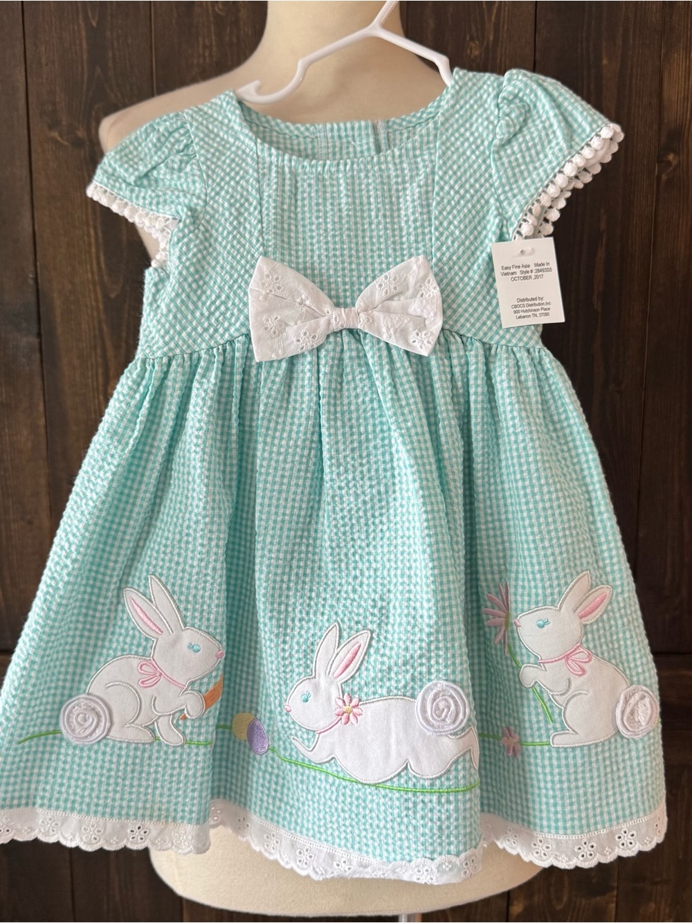 Girls Good Lad Turquoise Seersucker Bunny Dress Set Eyelet Bow 2T Gingham